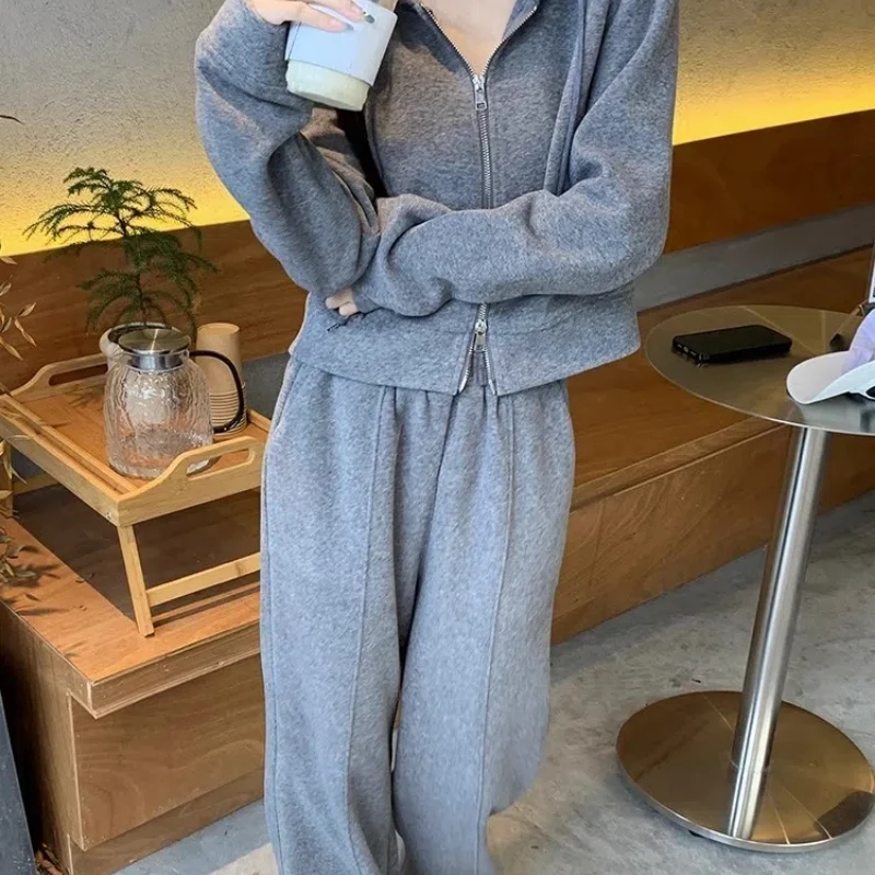 Casual Sports Suit Female Spring Autumn New Pattern Loose Korean Hooded Zipper Hoodies Wide Leg Woman Blouses Coordinates