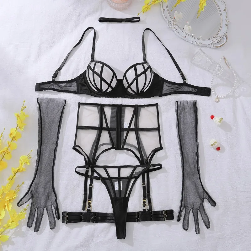 Sexy Lingerie Suit for Women Solid Color Mesh Patchwork See-through Women's Underwear Suit Sexy Gloves Garters Underwear