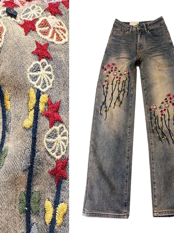 

Ретро-джинсы с вышивкой в американском стиле, женские, с высокой талией, плотные, для весны и осени, утягивающие, широкие брюки, длинные, с эффектом потертости