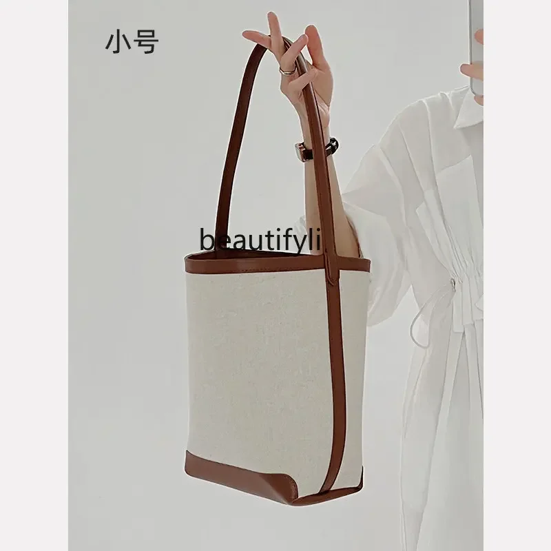 zq Canvas Tote Bag Large Capacity Fashion Shoulder Bag Contrast Color Commuter  Bucket Bag