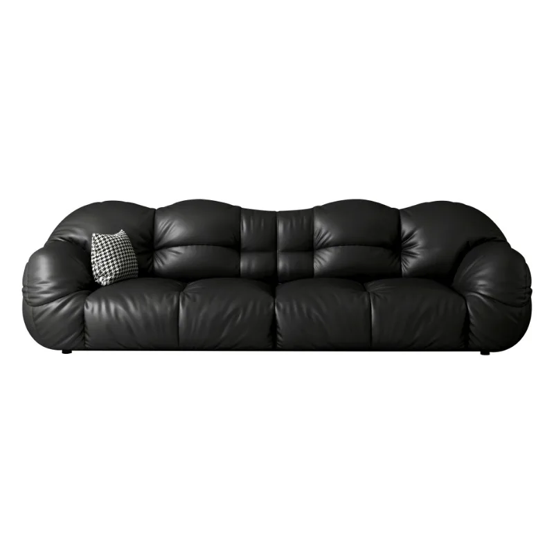 Italian minimalist leather sofa three-person black retro straight sofa