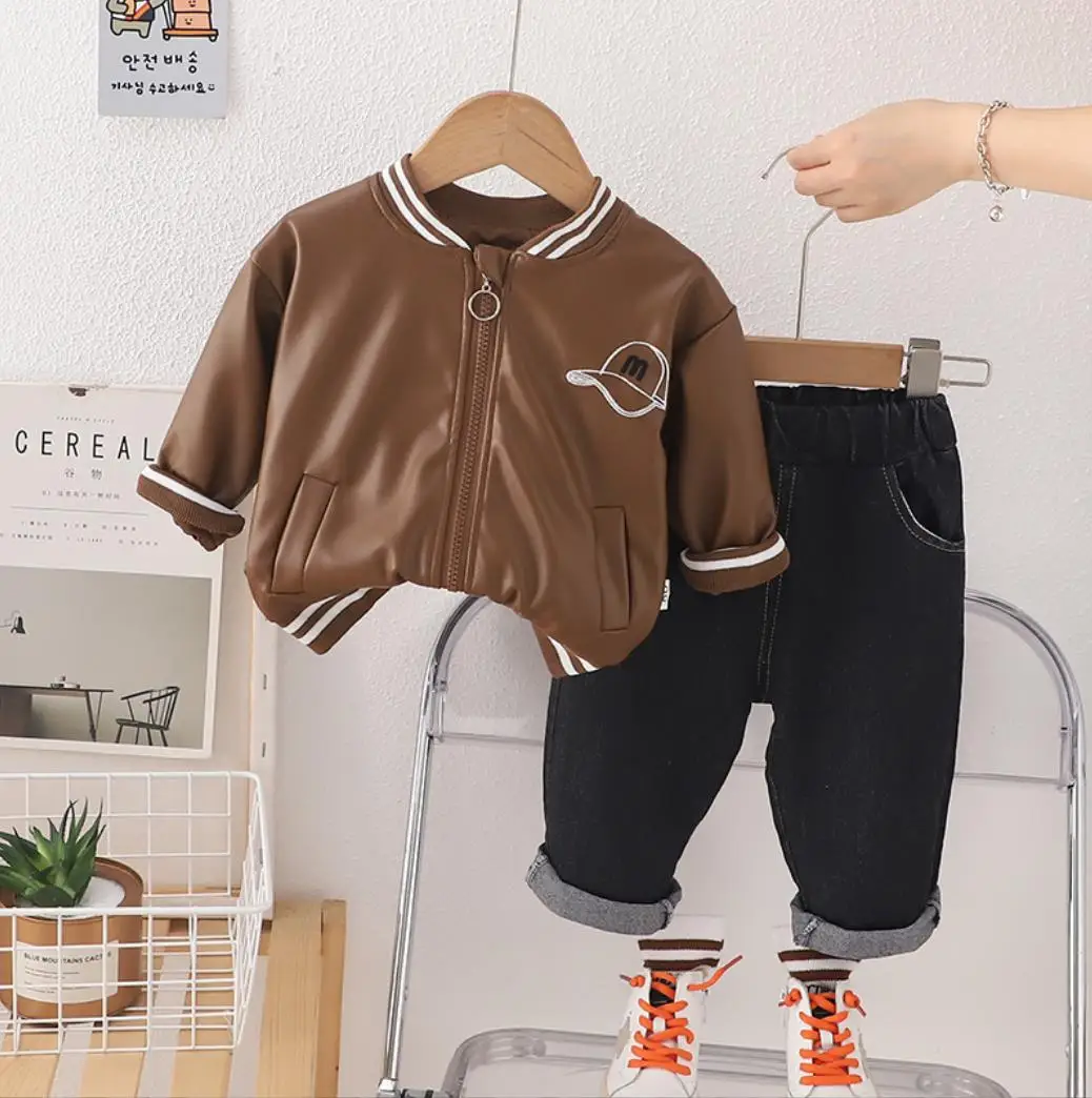 

Spring Autumn Boys Tracksuits 1-5 Years Children Baby Clothing Casual Zipper Leather Jacket and Pants Kids Outfits Sets Boy Suit
