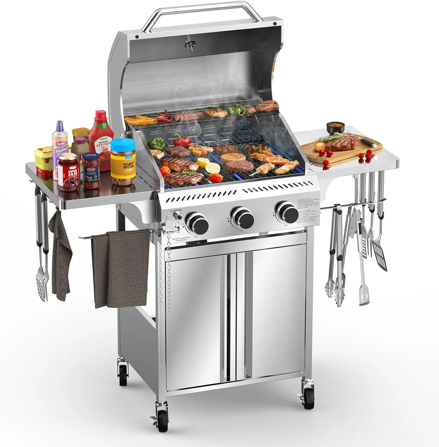 

Grill, 3-Burner Gas Grill with Folding Side Tables,Stainless Steel 24,000 BTU BBQ Grill,Outdoor Propane Grill for Barbecue