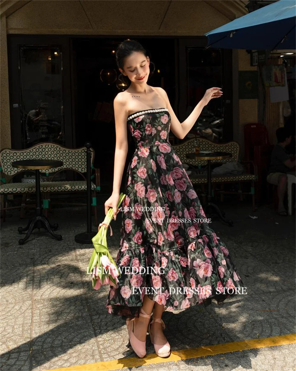 LISM 3D Print Lace Strapless Korea Evening Dresses Photo Shoot Strapless Ruffles Draped Wedding Prom Formal Occasion Gowns 2024