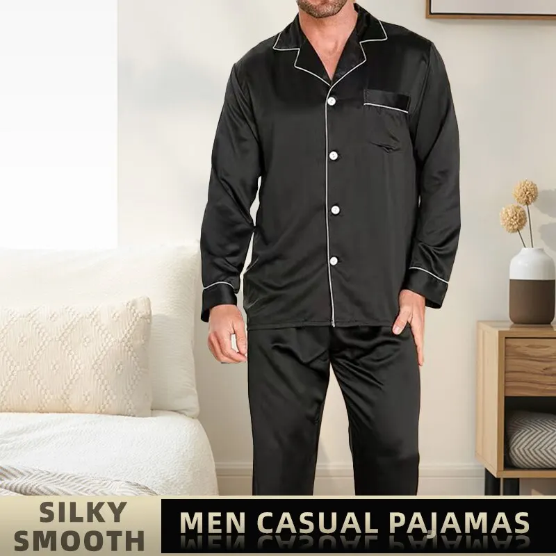 Conjuntos de pijamas de seda gelo masculinos, roupa de dormir preto e azul, mangas compridas, calças compridas, cor sólida suave, L, XXL, 3XL, 4XL