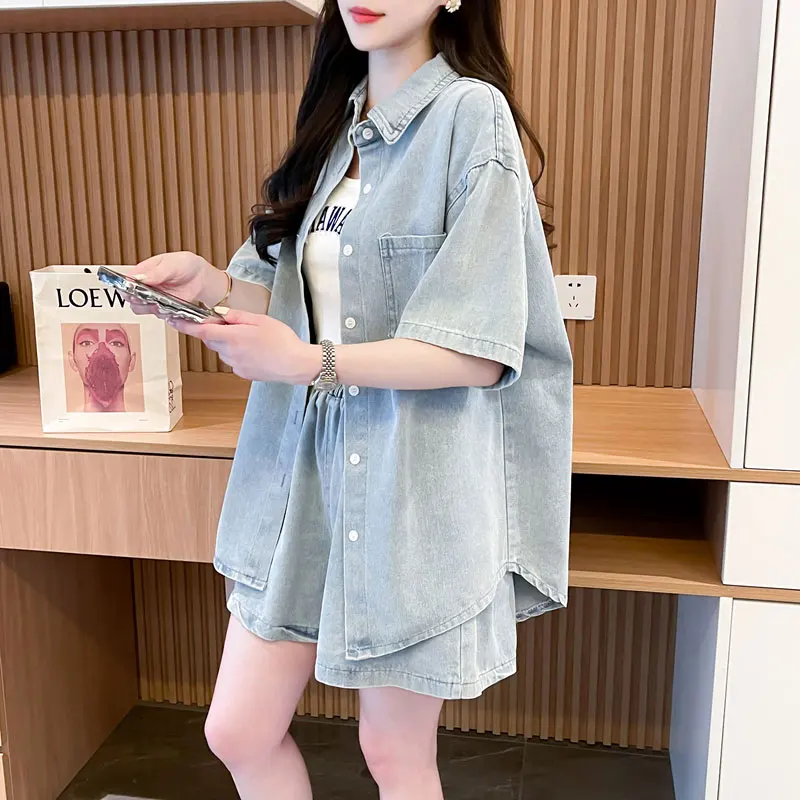 

Модный повседневный комплект спортивной одежды, женский свободный джинсовый комплект из двух предметов, летний корейский комплект из смеси хлопка из полиэстера