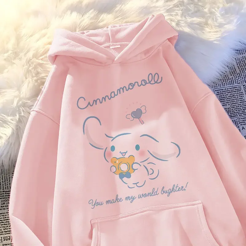 Anime MINISO Sanrio Cinnamoroll dziecięca bluza z kapturem bluza z nadrukiem Kawaii śliczna moda codzienna luźny top odzież dziecięca prezent