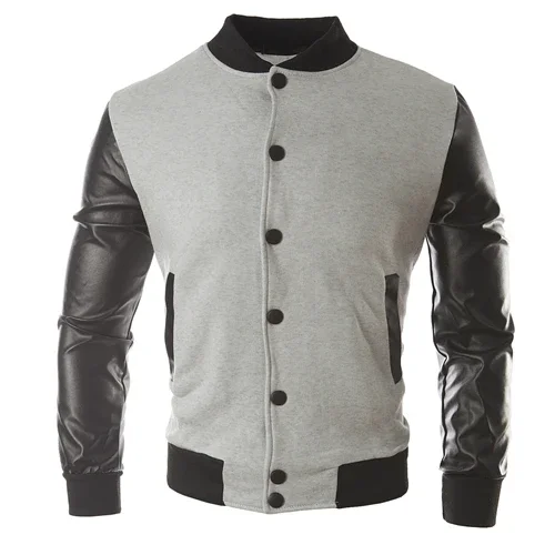 Men Stand Collar PU Leather Baseball Jacket Oversize 3xl Long Sleeve Top Button Varsity Jacket Casual Grey Boys Coat Streetwear