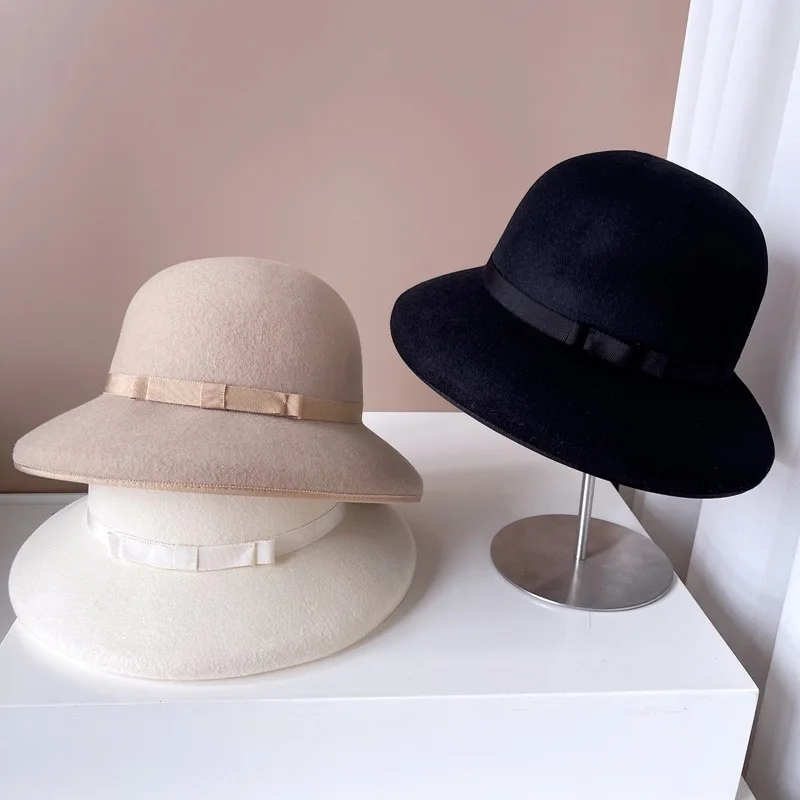 

Fashion Winter Hats Hepburn High-quality Wool Bucket Hat For Women Japanese French Basin Hat Felt Caps White Black Fedora Hat