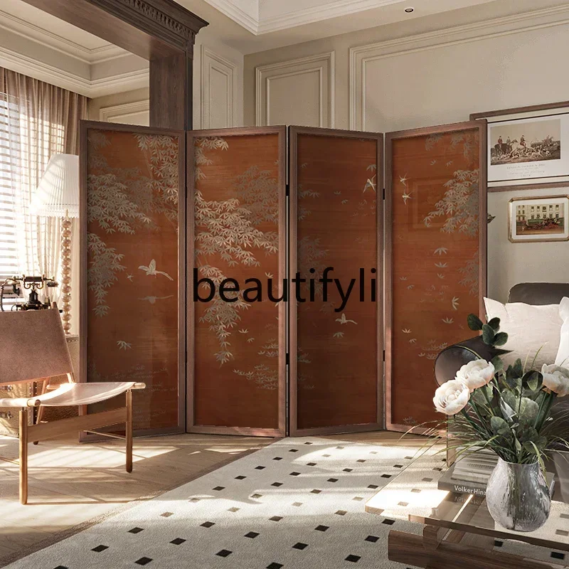 Medieval style forest bird solid wood screen partition living room sofa blocking entrance background wall home folding scr