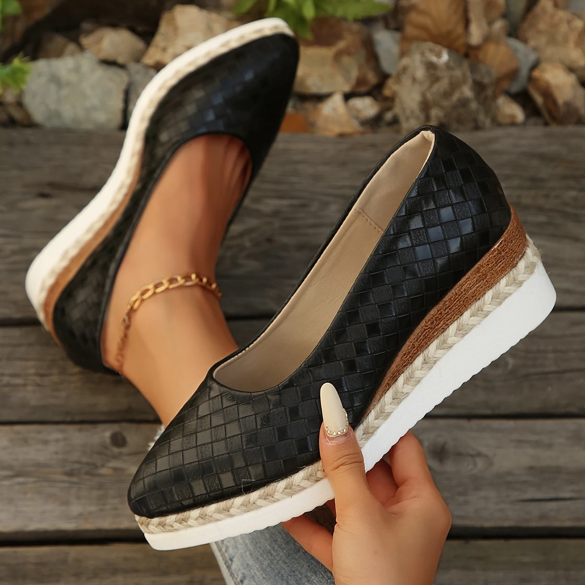 2025 جديد عالية الكعب أشار تو أحذية عالية الكعب مريحة السيدات الفم الضحلة الدانتيل متابعة قباقيب إسفين منصة النساء أحذية رياضية #4