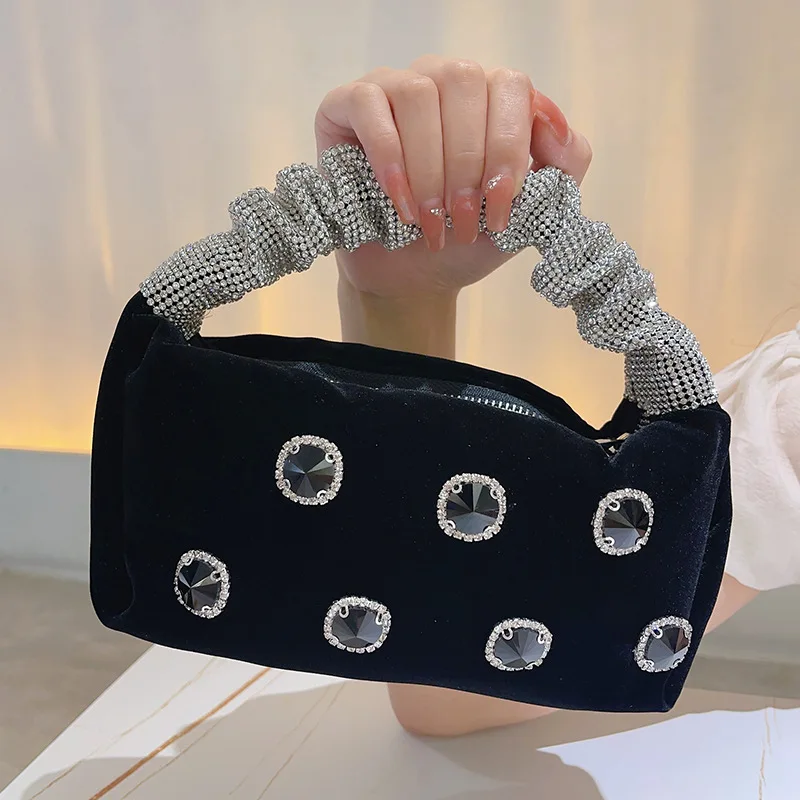 Vintage Black Velvet Dinner Bag 2023 New Ladies Handmade Shine Diamond Zipper Handbag Noble Elegant Banquet Small Square Bags