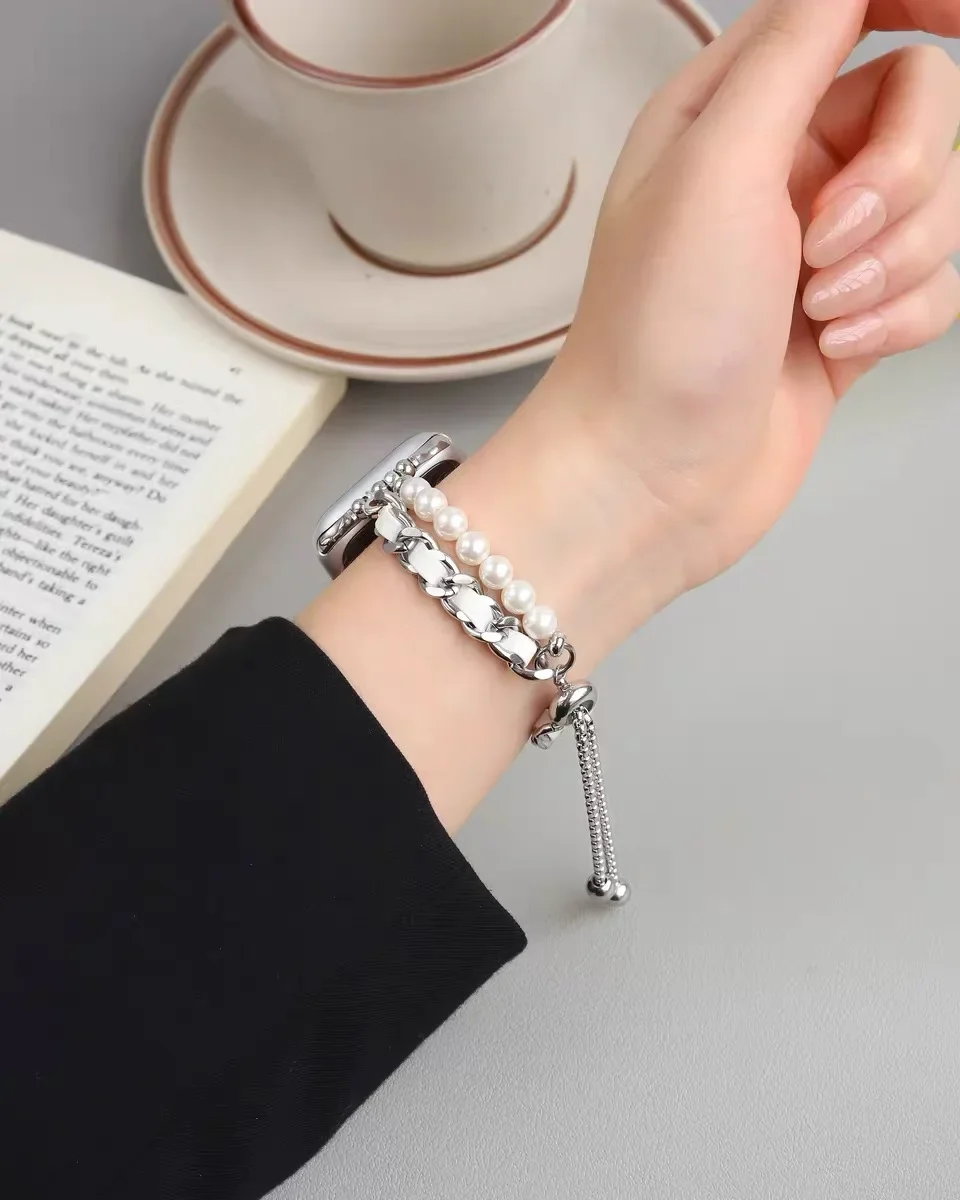 Nice Beads metal leather link loop For Apple Watch band women Series Ultra 10/9/8/7/6 38mm 40mm 41mm 42mm 44mm 45mm 46mm Strap