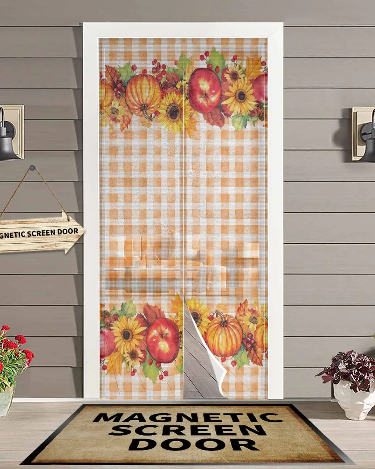 

Autumn Orange Plaid Pumpkin Magnetic Door Curtain Living Room Bedroom Home Anti-mosquito Screen Door Curtain