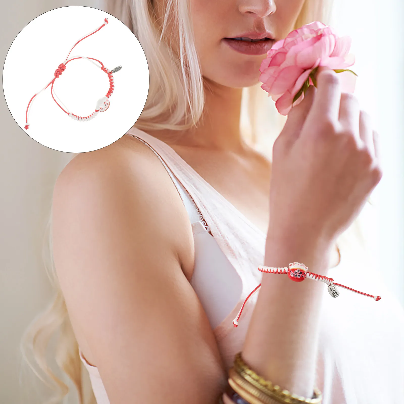 Pulsera de Gato para Mujer, Inspirada en el Estilo Japonés, de Cerámica con Hilo Rojo Ajustable, Pulsera de Protección, Joyería Kawaii para Fiestas y Citas