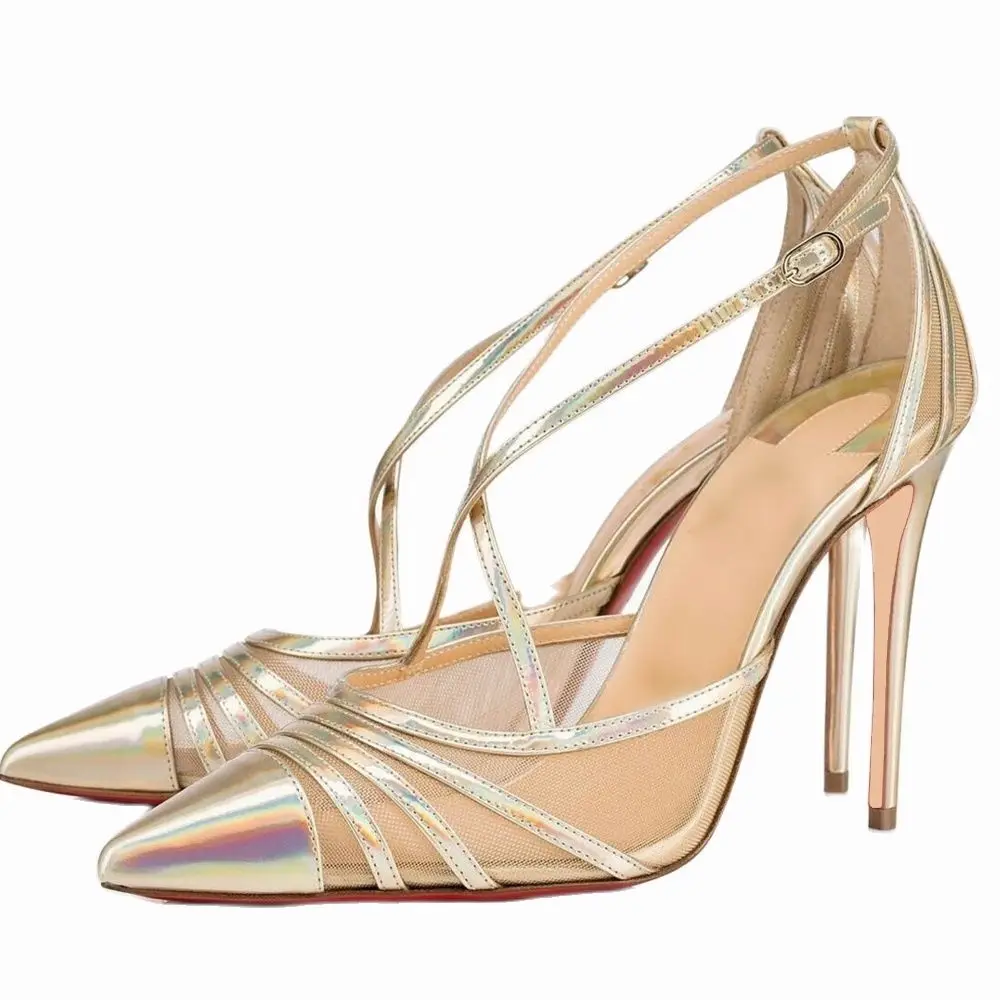 

Gold Heel Stiletto Heels Sandals Air Mesh Sequined Cloth Pointed Toe Shoes Front Rear Strap Ladies Sandals 2024 Newest Shoes