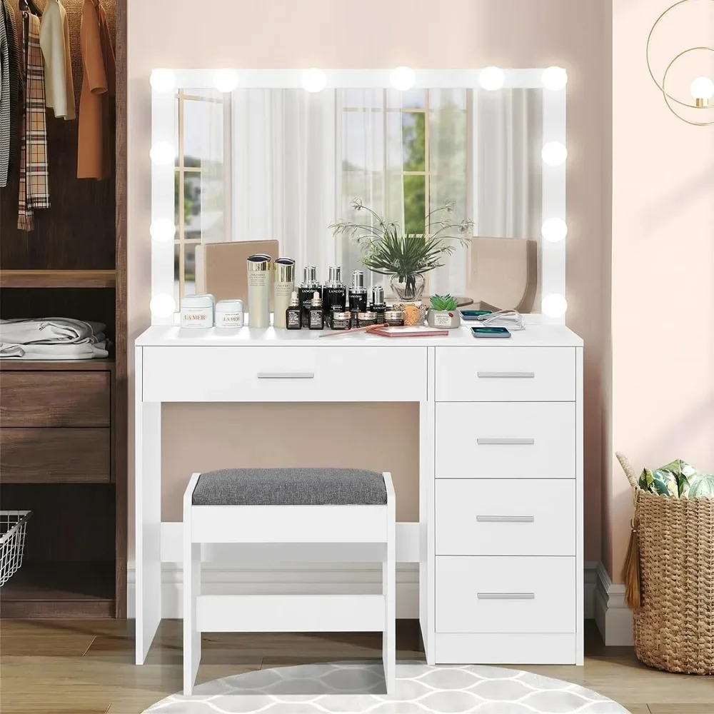 Usikey Makeup Vanity with 12 Lights, Vanity Desk with Power Outlet, Makeup Vanity Table with 5 Drawers, Large Mirror, Dressing V