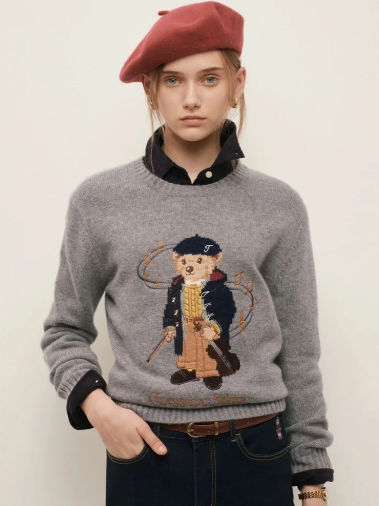 

Classic Design Jacquard Sweater Retro Bear Cartoon Pattern Jumper Tops Korean Preppy Style Young Women Winter Cashmere Knitwear