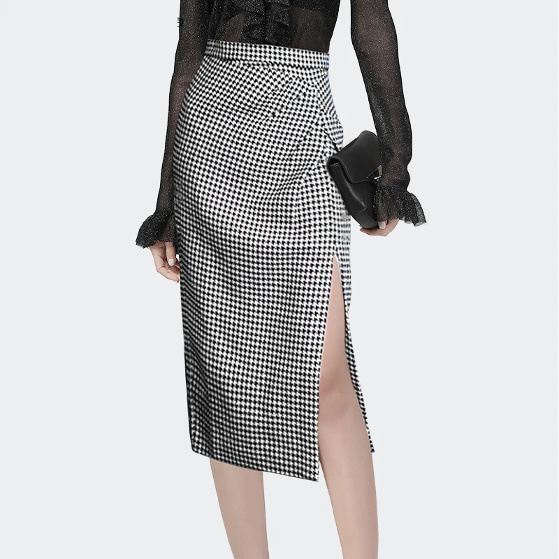 

Vintage Grey Checkered Womens Pencil Skirt High Waist Slim Side Slit Mid-length Skirts 2024 Spring Summer New Female Bottoms