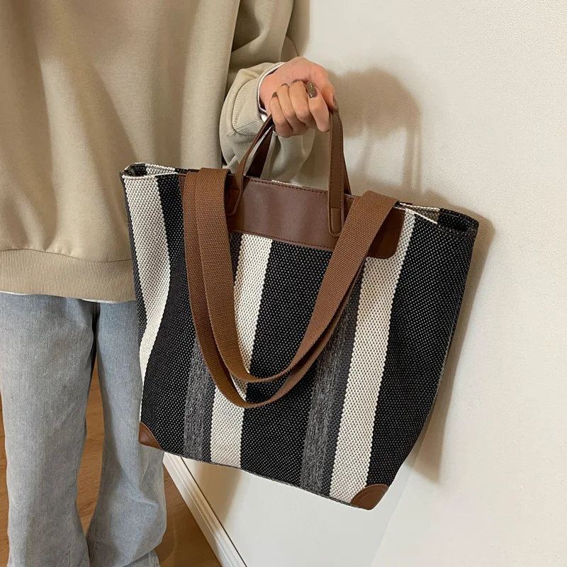 

Striped Shoulder Bucket Bags For Women Canvas Fabric Large Capacity Shopping Totes Contrast Color Commute Shopper Handbags 2024