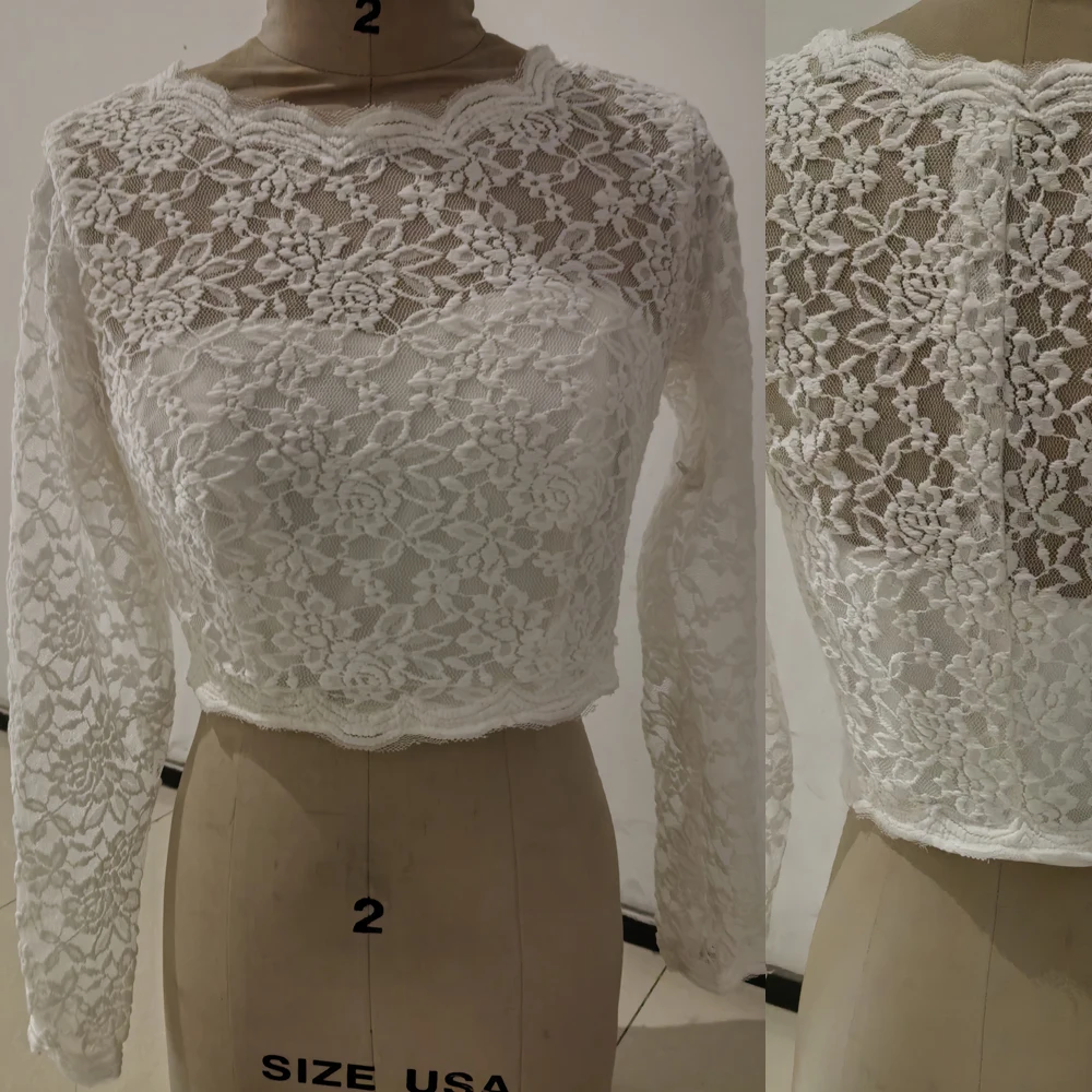 Elfenbeinfarbene Spitze-Hochzeitsjacke mit langen Ärmeln, gefüttert, seitlicher Reißverschluss, Braut-Bolero, Hochzeits-Top, individuell gestaltet