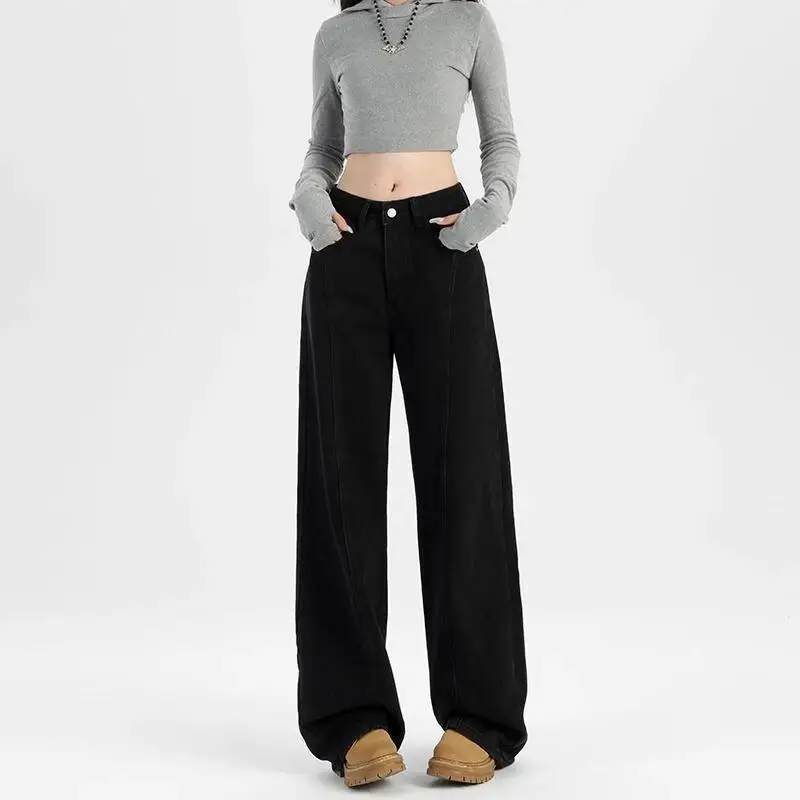 Damskie jeansy z szerokimi nogawkami, małe rozmiary, czarne, wąskie, nowe, na wiosnę, jesień i zimę, spodnie do ziemi, retro, luźne, koreańskie, proste.