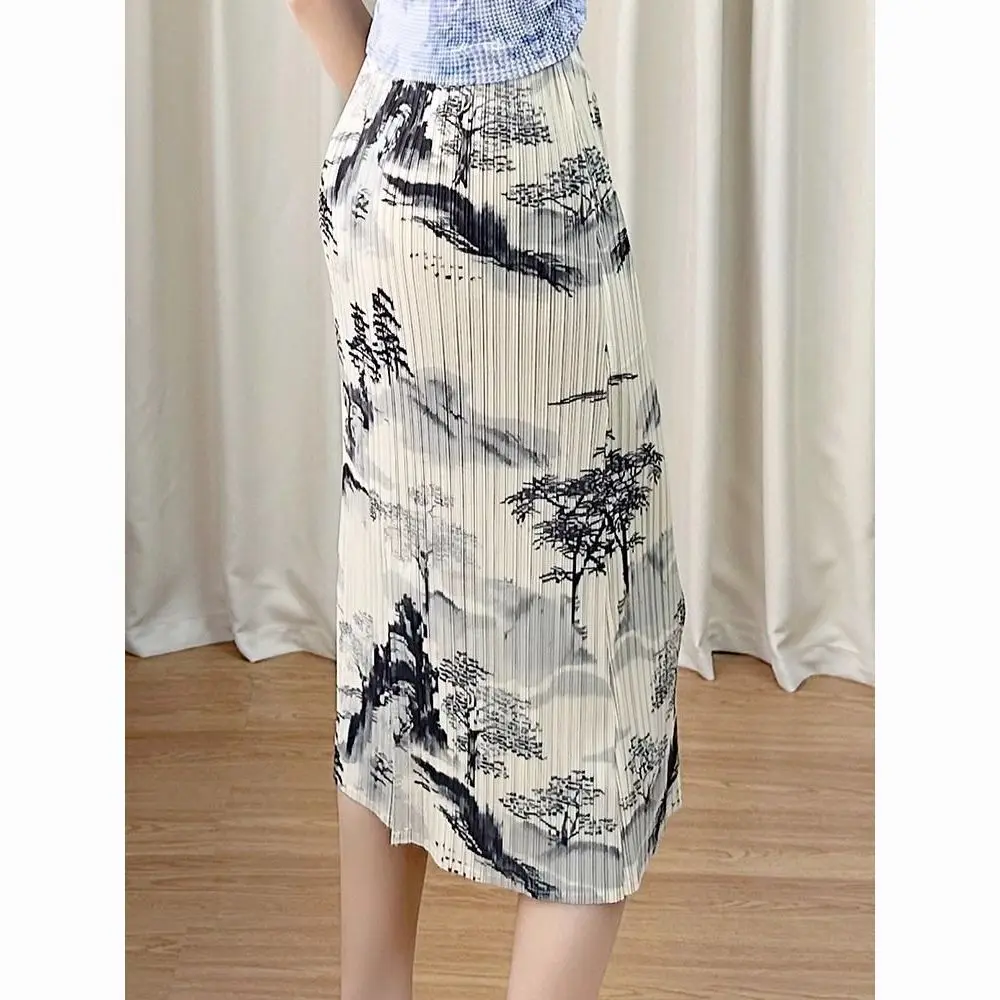 

Chinese Ink Painting Skirt Women High Waist Pleated Midi Straight Cut Vintage Artistic Print Elegant Minimalist Cultural Fashion