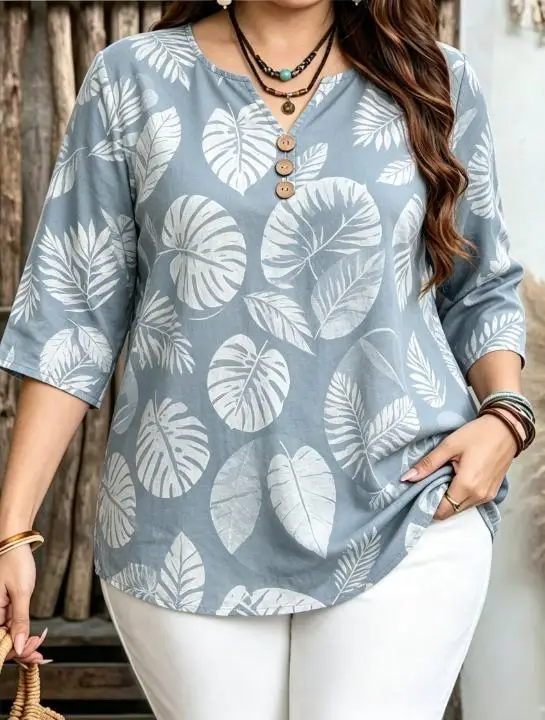 Floral Dot Leaf Heart Print Cotton Feel Blouses Notch V Neck 3 Decor Buttons 3/4 Sleeve Loose Women Casual Shirts