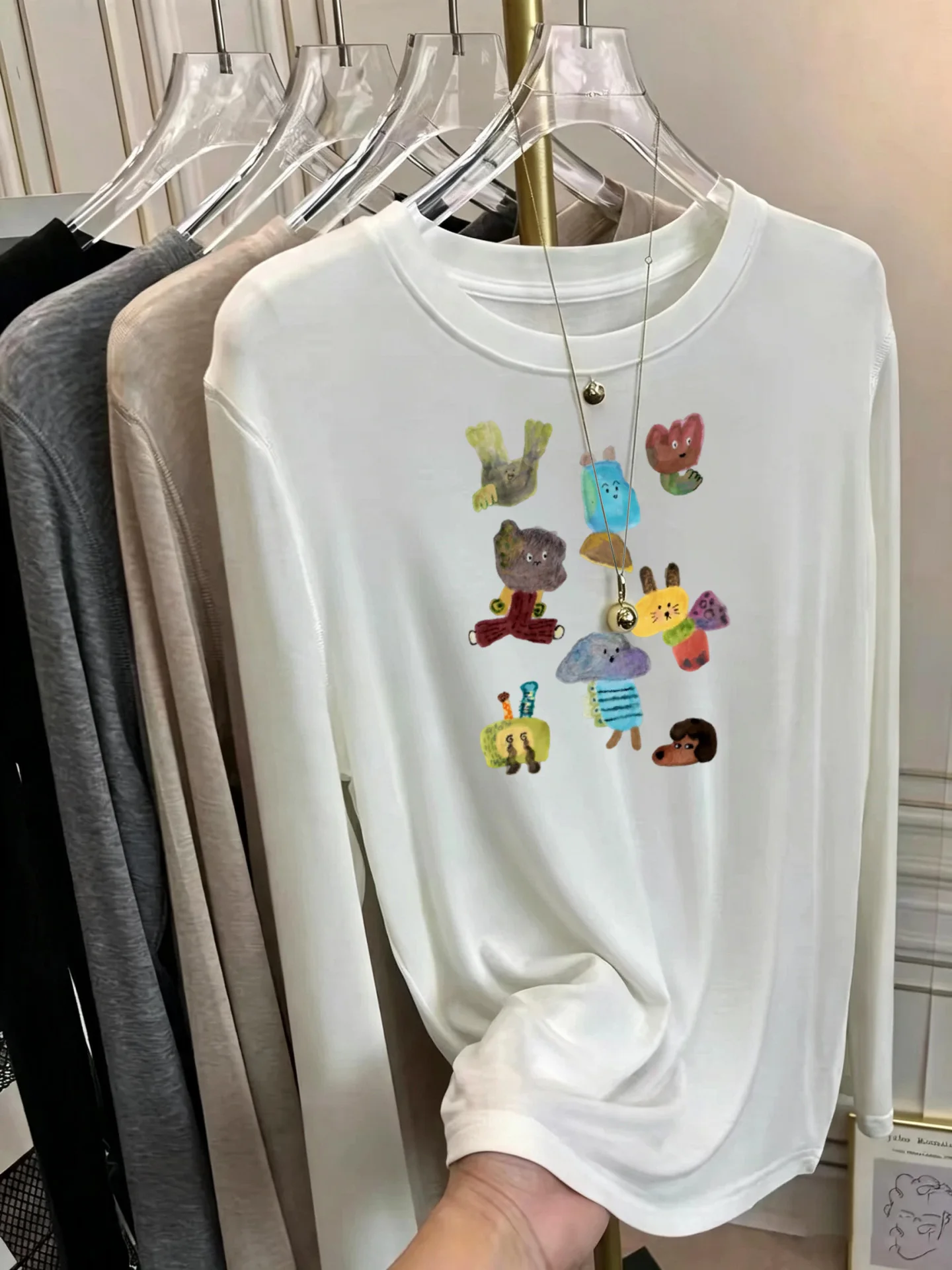 Korean Style Women's Long Sleeve T-Shirt Soft Sunscreen Print Thin Mask Base Shirt Early Autumn Fashionable Cotton Tee