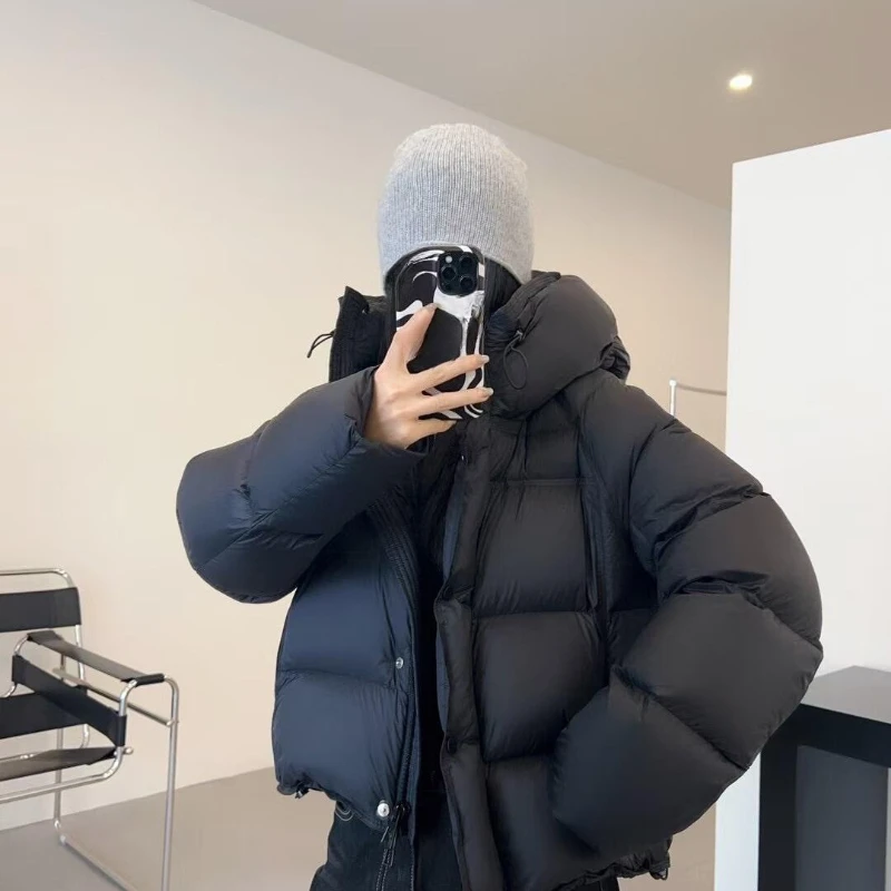 ダウンジャケットの女性の冬の新ショートフード付きルーズパンジャケット肥厚ホワイトダックダウン暖かいジャケット気質美しい