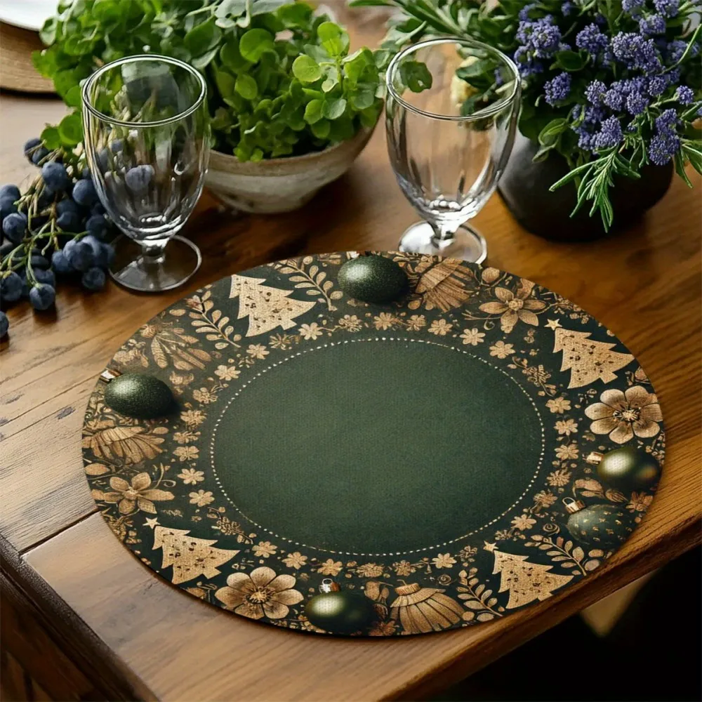 VIKAMA Christmas Placemat Set of Four Gold Bead Pattern Round Holiday Placemats Perfect for Christmas Table Decorations
