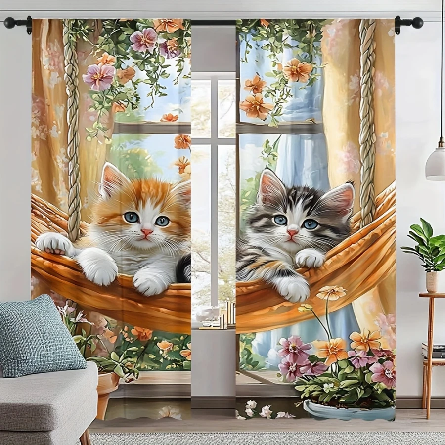 2PCS Digital Printed Curtains with Hammock Cute Cat Design, Stylish Window Drapes for Living Room Bedroom Home Decoration