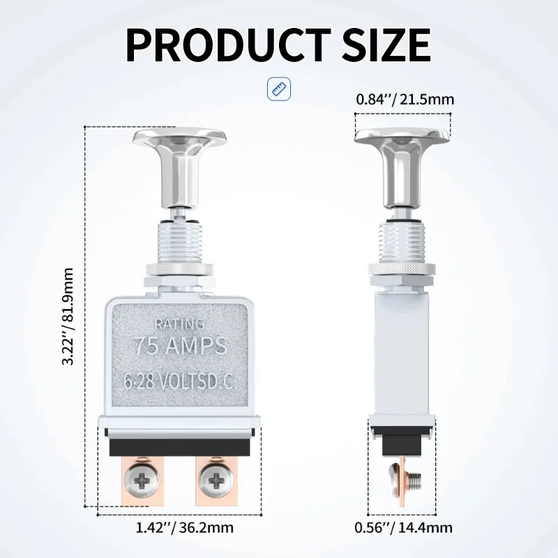 75 Amp 6V - 28V DC ON OFF Push Pull Switch with Chrome Plated Knob for Heavy Duty Automotive Use