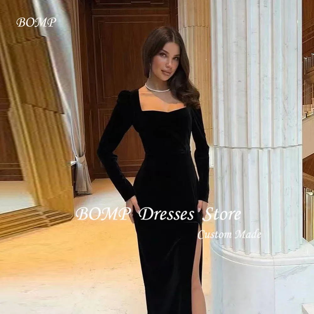 BOMP Simple Black Velvet Evening Party Dresses Long Sleeves Square Neck Split Formal Prom Gowns Night Event Dress Customized