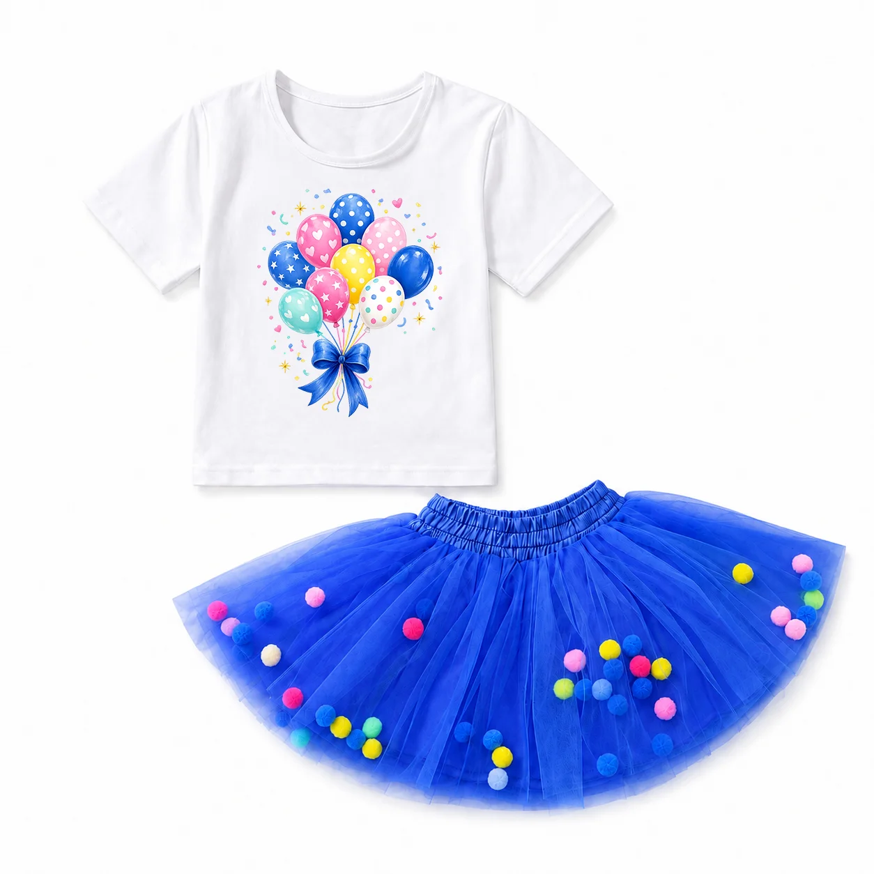 2-8Y Little Girls Birthday Photo Outfit Colorful Balloon Printed White Tshirt Elastic Blue Pom Pom Tulle Tutu Skirt Kids Princes