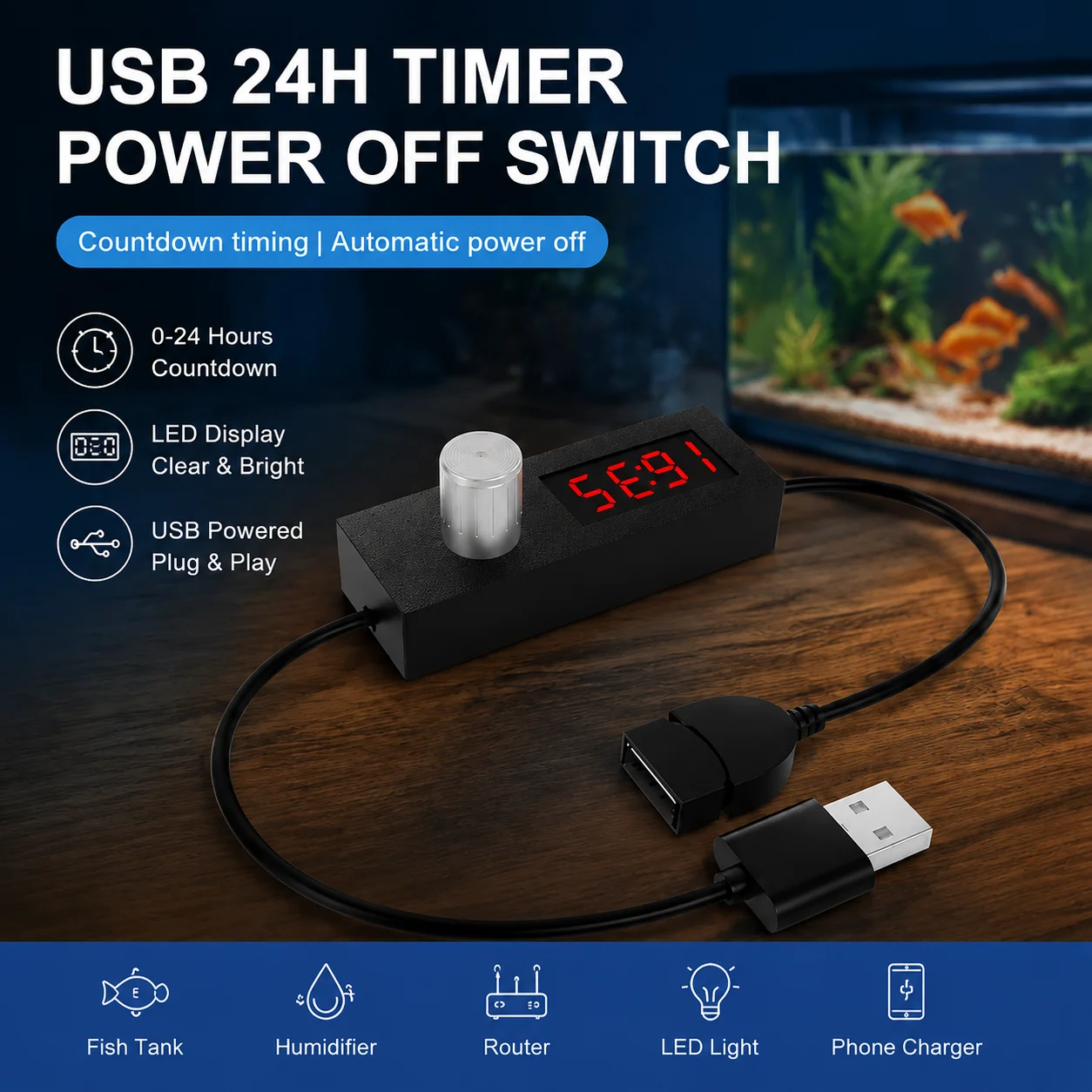 USB Switch Cable 24h Automatic Shutdown Timer Switch Countdown Power Off Power Cord Power Supply Device For Home/Office Use