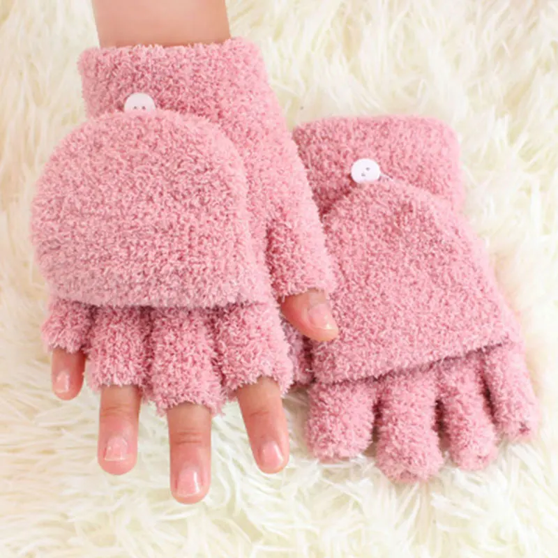 Winter Warm Half Finger Gloves Women Coral Fleece Gloves Flip Cover Warmer Mittens Cold-proof Thick Student Writing Glove Gifts