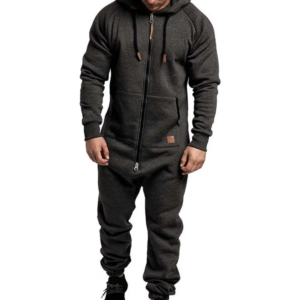 Mens Onesie Jumpsuit Pajamas Long Sleeve Sweatpants Pure Color Splicing Autumn Winter Casual Hoodie Male Zipper Jumpsuit