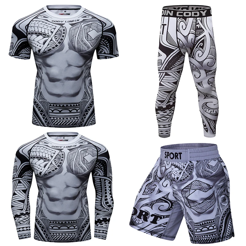 MMA Men's Rash Guard T-Shirts+Pants Shorts UPF 50+ BJJ Jiu Jitsu Fitness Rashguard Boxing Fishing Swim T-Shirt Muay Thai Jerseys