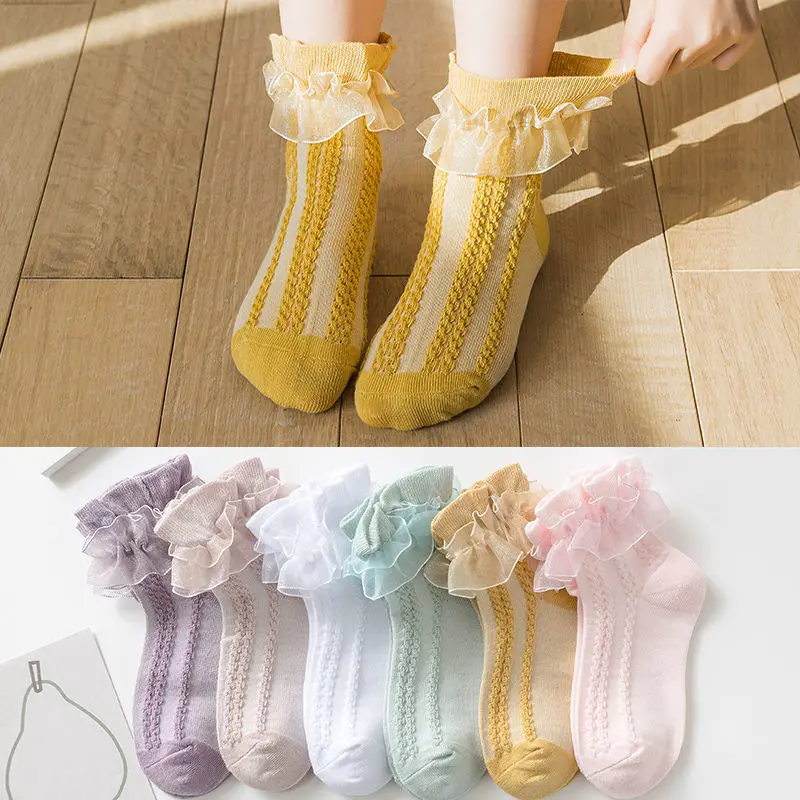 New Summer Girls Socks Lace Ruffle Socks Princess Mesh Children Ankle Short Breathable Cotton White Pink Boys Toddler Sock 1-12y