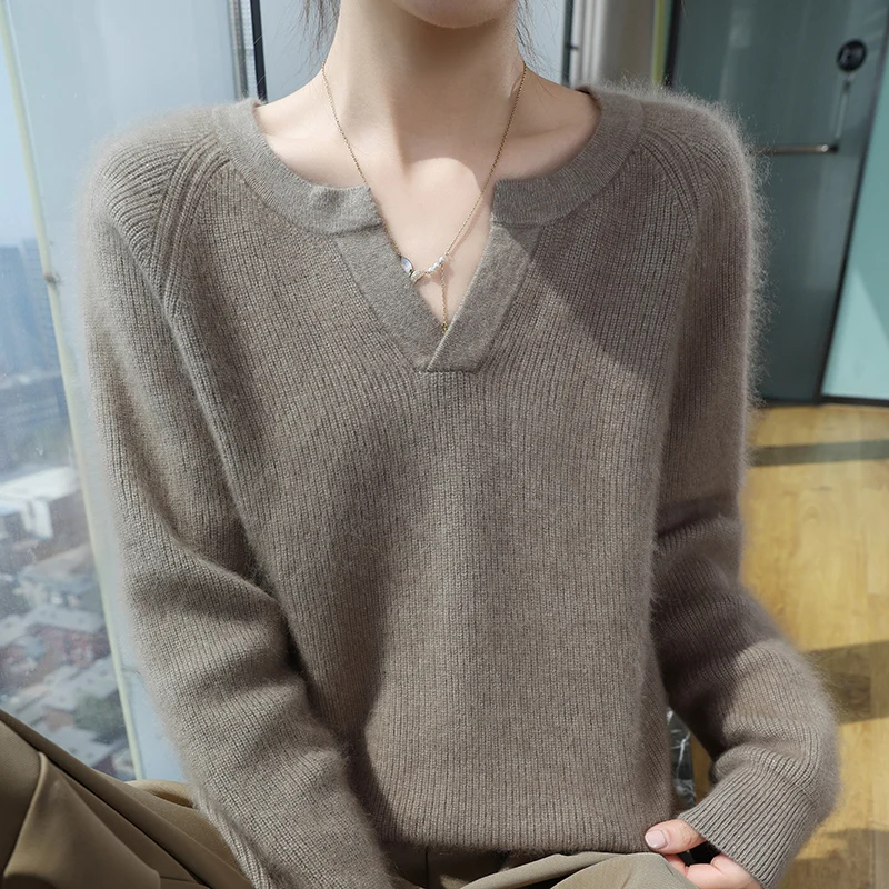 Women\'s 100% mink cashmere Sweater, V-neck Pullover, Solid Color Knitted, Full Sleeve, New Product, Fashion O-neck sweater