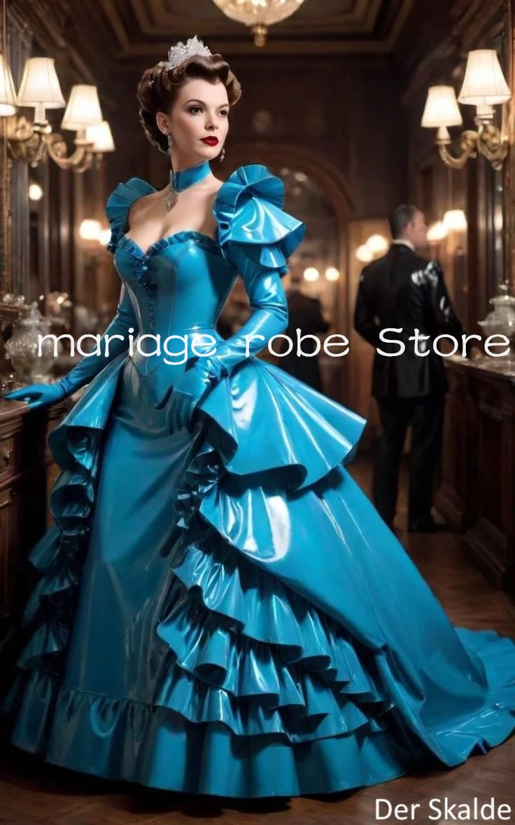 Shiny Blue Ruched Victorian Prom Dresses Long Sleeve Bustle Lace-up Corset Customsized Long Sleeve Cosplay Evening Gown Costume