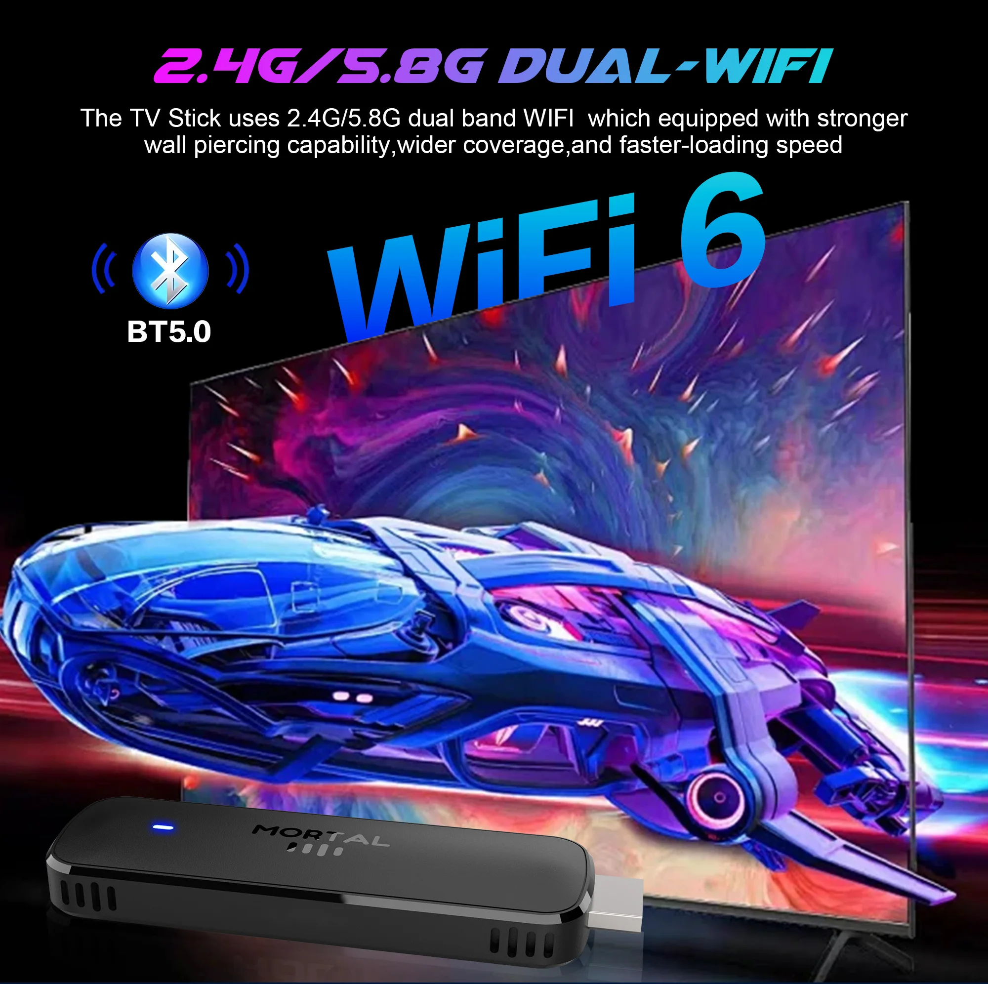 عصا التلفزيون Mortal Q8 Ultra Home Theater Live TV Stick، واي فاي 6، التحكم الصوتي 4K UHD Android 14 Allwinner H313 Chromecast