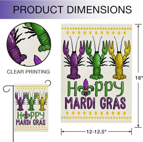 Happy Mardi Gras Boil Crawfish Garden Flag, Fleur De Lis Beads Carnival Celebrat