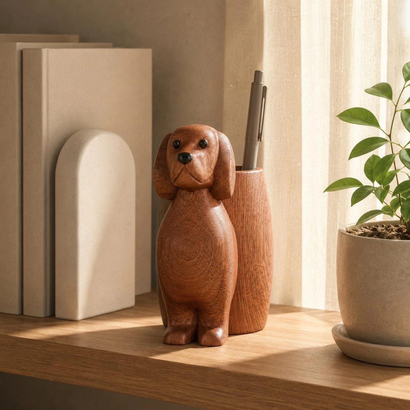 Wood Puppy Pen Holder Hollow Top Sitting Puppy Organizer Dog Pen Holder Multi-Purpose Wood Desk Ornament Decorative