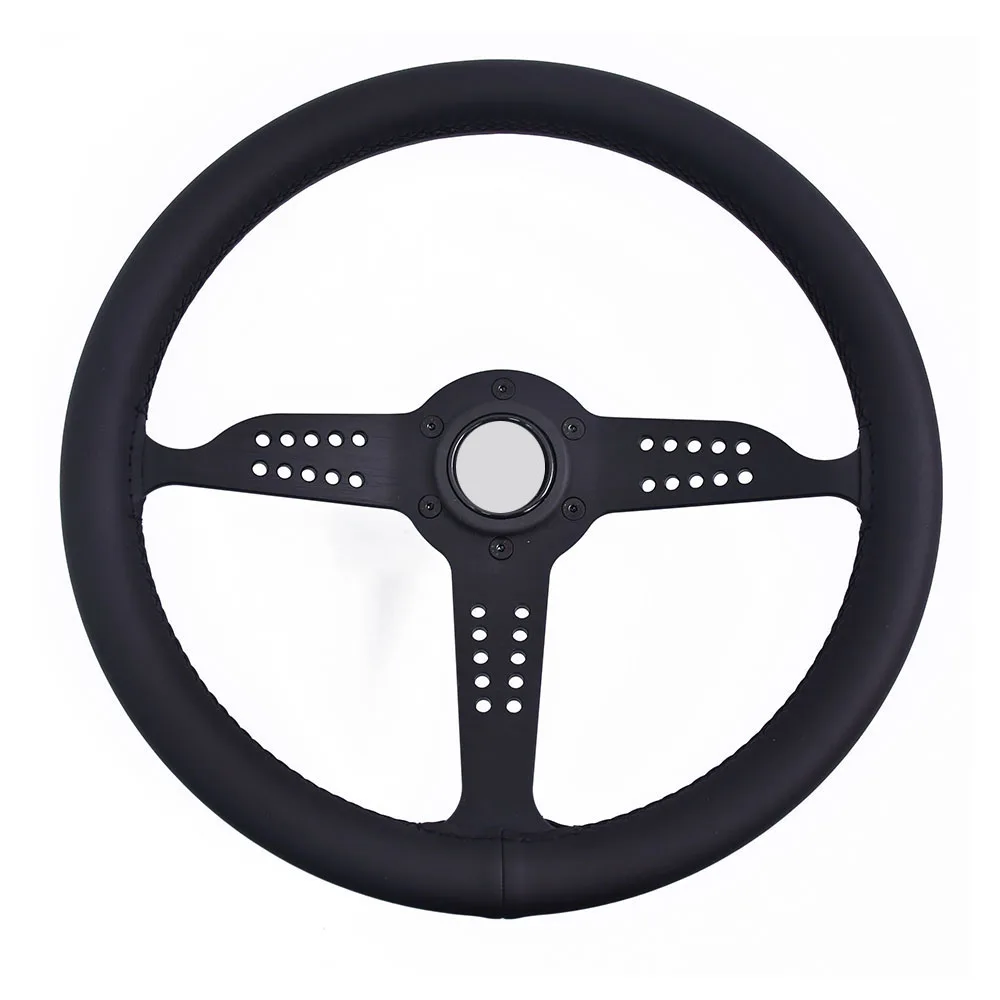 

345MM Quick Release Replacement Steering Wheel Black Spoke Leather 6 Holes Modified Steering Wheel With Grey Horn Button
