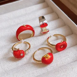 Minar Kawail Multiple Red Enamel CZ Zircon Faux Pearl Apple Fruit Adjustable Open Cocktail Ring for Women 14K Gold Plated Copper