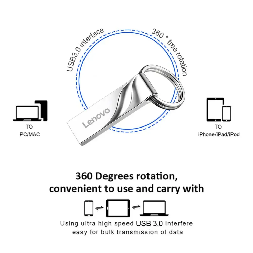 Lenovo-Clé USB 3.0 en métal, mini clé USB créative, clé USB haute vitesse, stockage externe 1 To, 128 Go, 512 Go, 256 Go, 2 To