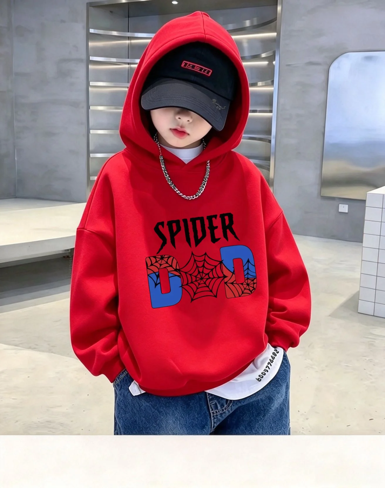 Latest children's hooded sweater with colorful spider web contrast letter print, casual,loose-fitting, warm and long-sleeved top