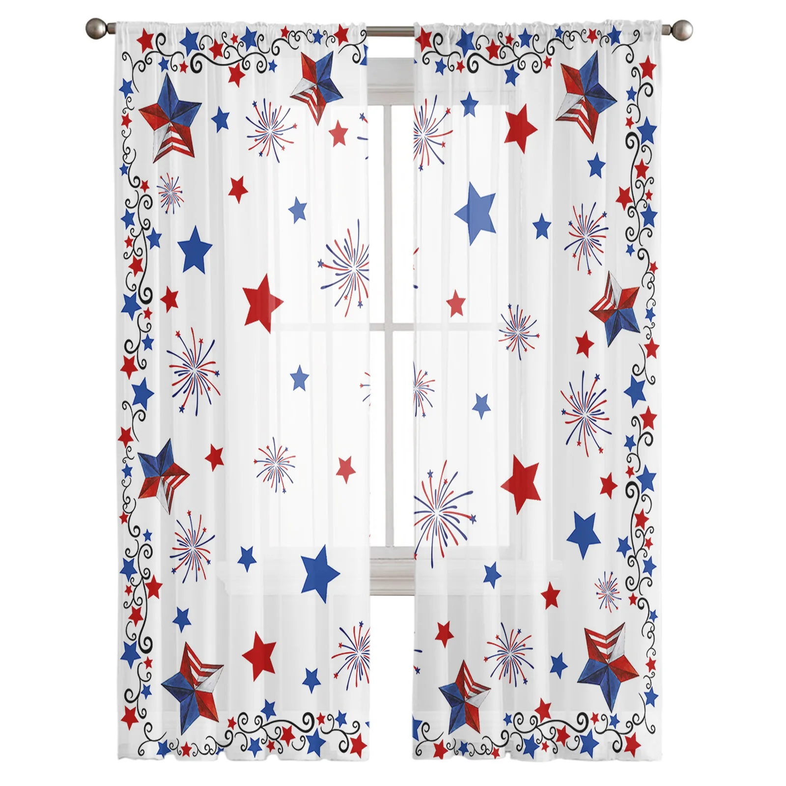 Independence Day Five-pointed Star Fireworks Bedroom Transparent Sheer Curtains Holiday Decoration Window Voile Tulle Curtain